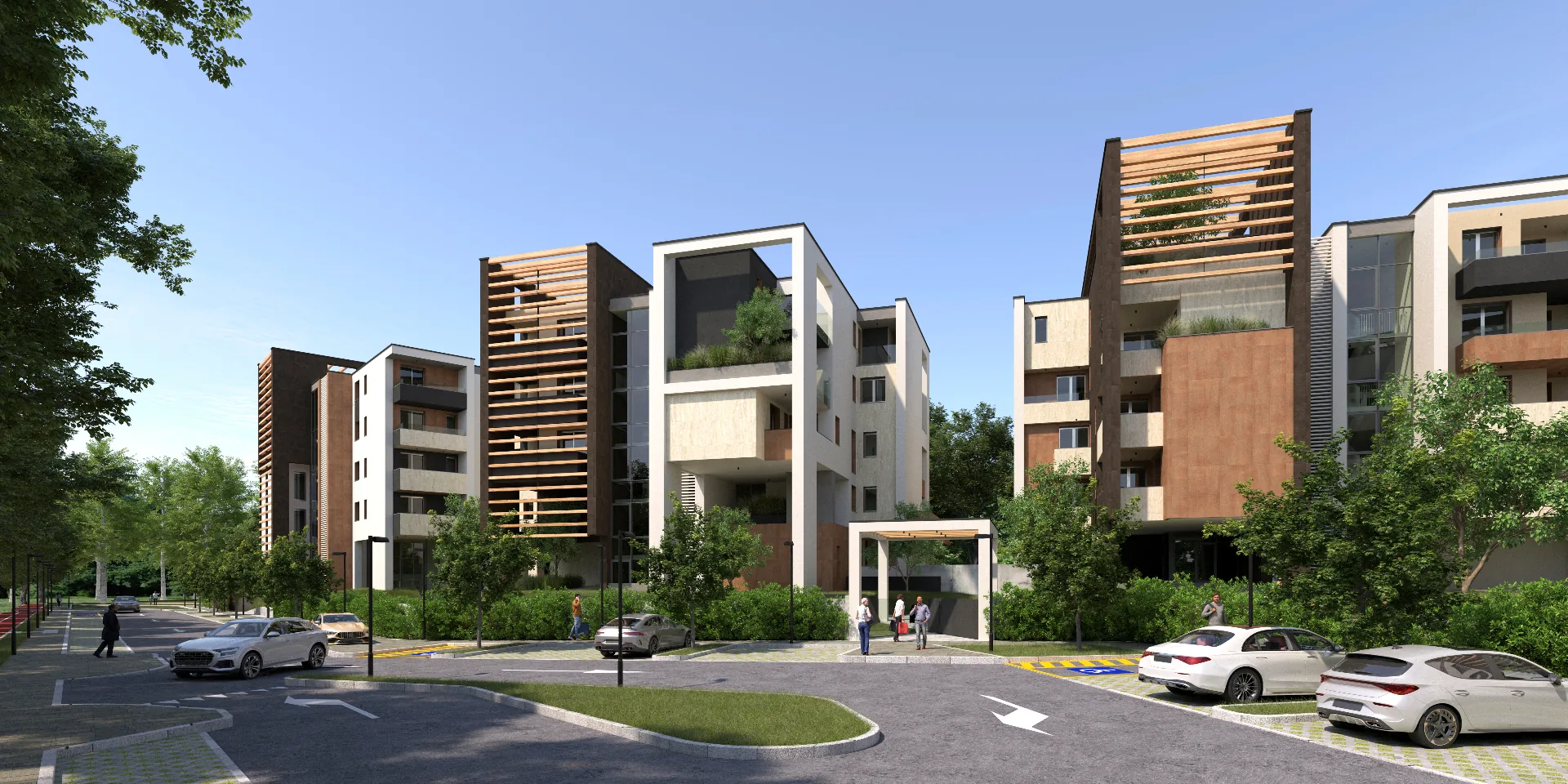 Vista diurna degli edifici e viale